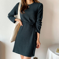 Envy Look - Crew-Neck Rib-Knit Dress with Sash Envy Look - Crew-Neck Rib-Knit Dress with Sash