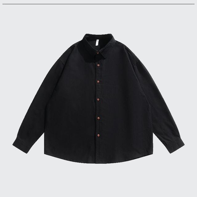 Soulcity-Long-Sleeve Button-Up Plain Shirt