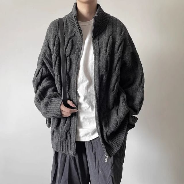 Myanderthal-Turtleneck Cable Knit Zip-Up Cardigan