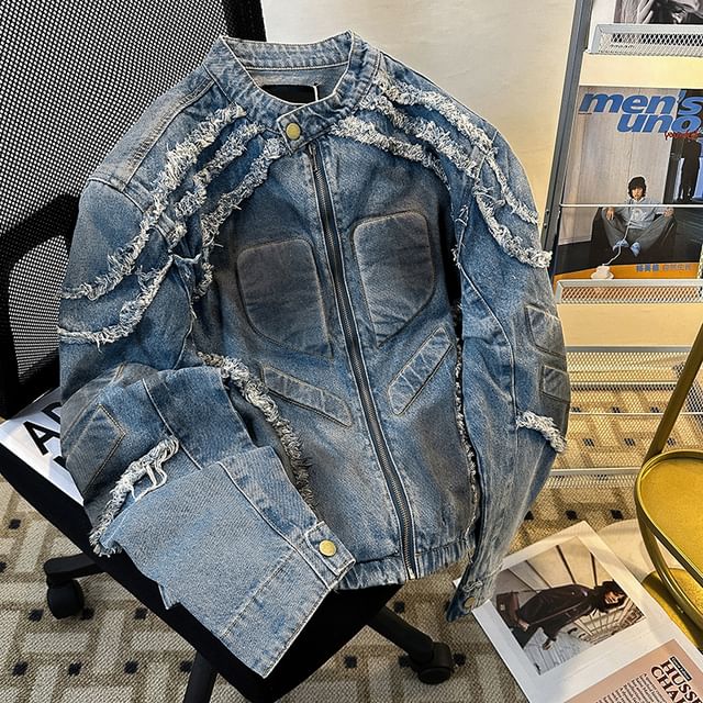 Plummie-Long-Sleeve Stand Collared Frayed Denim Jacket