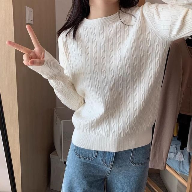 Ukiyo-Long-Sleeve Crewneck Plain Knit Top