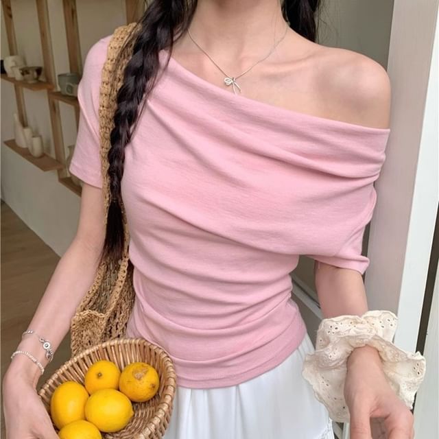 Cloud Nine-Short-Sleeve Off Shoulder Plain Tee