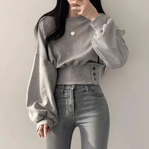 Puff Sleeve Round Neck Plain Crop Sweatshirt