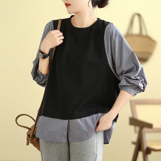 Supernova-Puff-Sleeve Round Neck Two Tone Mock Two-Piece Blouse
