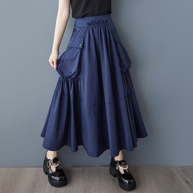 Lewwe-High Waist Plain Midi A-Line Skirt