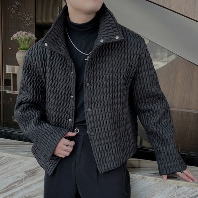 Freehop-Stand Collar Plain Quilted Single-Breasted Jacket