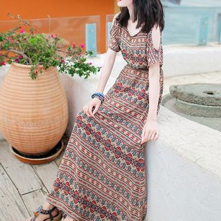 cold shoulder chiffon maxi dress