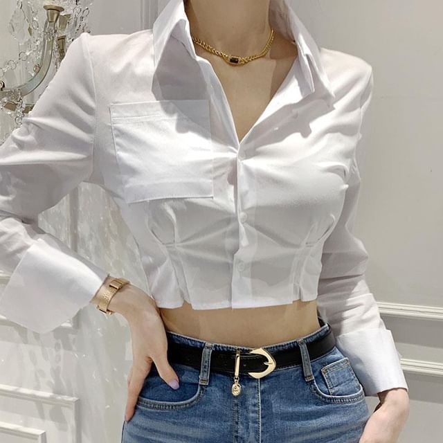 500 STUDIO-Plain Button-Up Crop Shirt