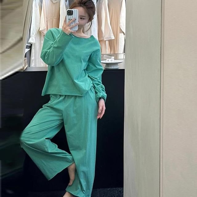 GOUB-Pajama Set Long-Sleeve Plain Top Pants