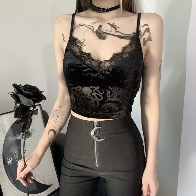 meadowdrop-Lace Trim Cropped Camisole Top