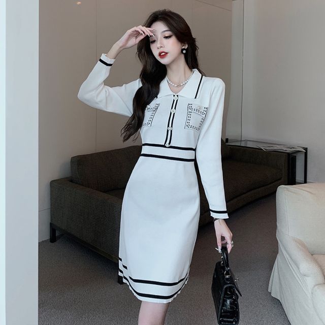 Maine - Long-Sleeve Contrast Trim Midi A-Line Knit Polo Dress | YesStyle
