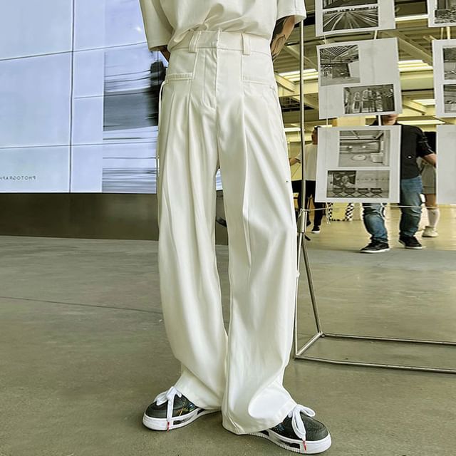 Adothuiastic-High Waist Plain Straight Leg Pants