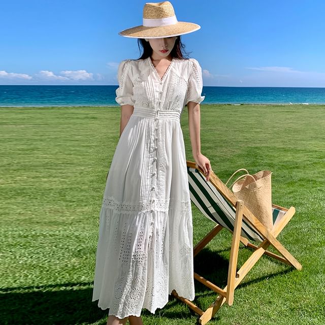 Juuri - Short-Sleeve V-Neck Plain Eyelet Embroidered Button Midi A-Line  Dress | YesStyle