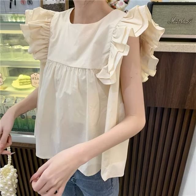 Bigfol-Sleeveless Crewneck Ruffle Plain Blouse