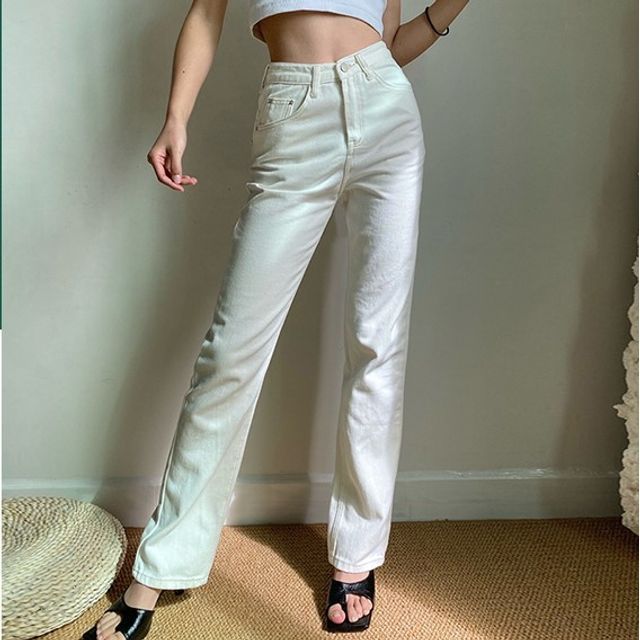 Sinora-Mid Rise Back Slit Straight Leg Jeans
