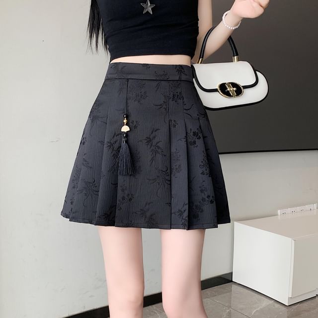 HotBlock High Waist Floral Jacquard Pleated Mini A-Line Skirt