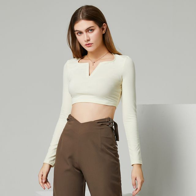 YS by YesStyle - Eco-Friendly Long-Sleeve Plain V-Neck Crop Top