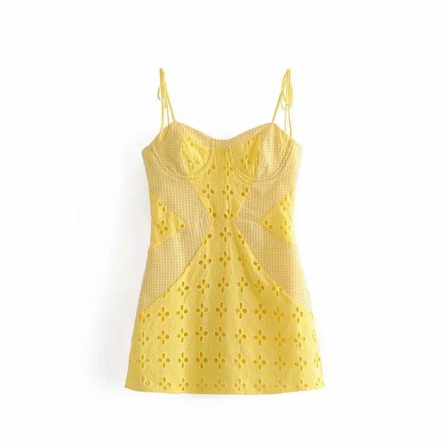 Mud Pie Women's Raylee Eyelet Dress - Lined Cotton, Yellow, Small, Flounce Sleeves