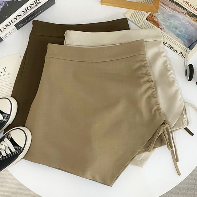 Iasia-High Waist Plain Asymmetrical Drawstring Skort