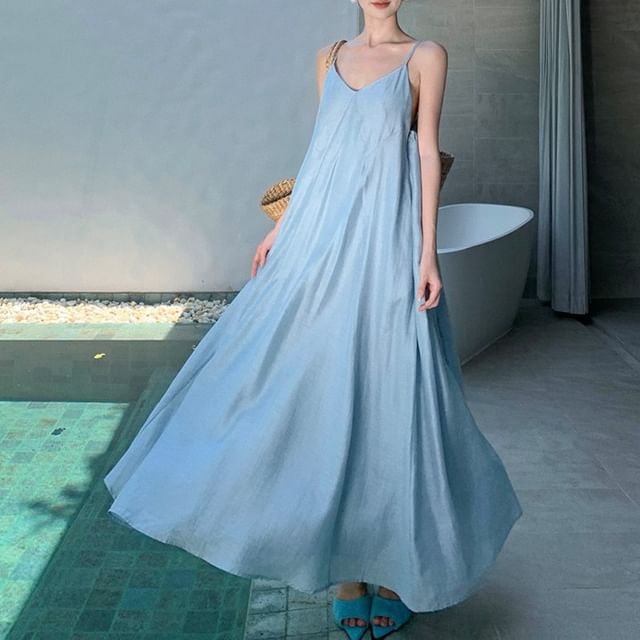 Faiar-Spaghetti Strap Plain Maxi A-Line Dress