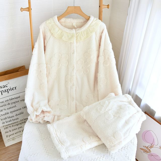 Somnus-Pajama Set Long Sleeve Round Neck Plain Ruffle Button Fleece Top Elastic Waist Straight Leg Pants