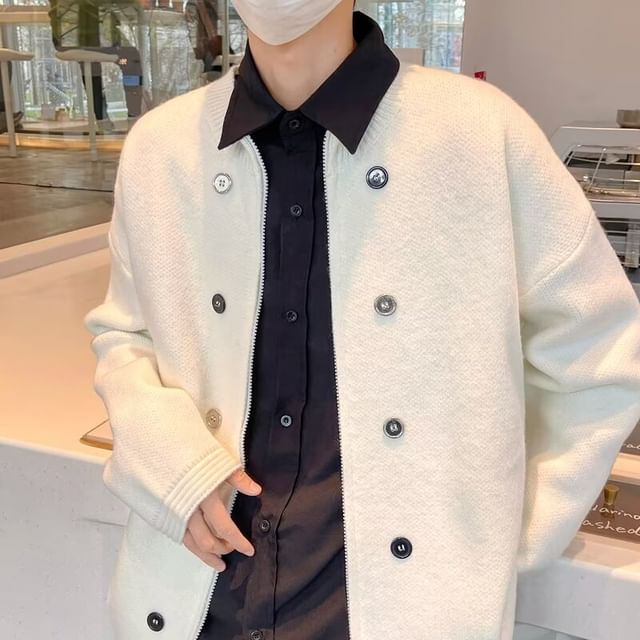 DuckleBeam-Crew Neck Plain Button Accent Zip-Up Cardigan