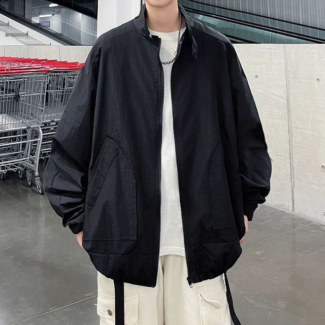 Trimecca-Stand Collar Plain Zip-Up Jacket