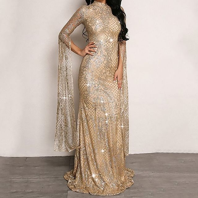 Lexama - Flared-Sleeve Patterned Sequin Trumpet Evening Gown | YesStyle
