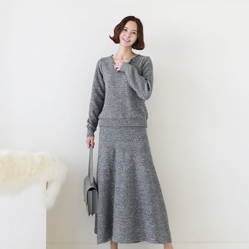 Glitter Knit Set: V-Neck Sweater + Flared Maxi Skirt