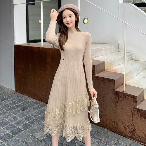 Long-Sleeve Lace Trim A-Line Knit Dress