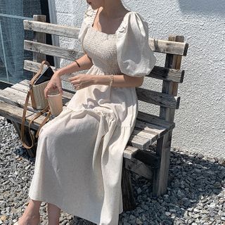 puff sleeve smock maxi dress