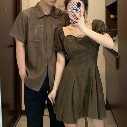 Azure - Couple Matching Short-Sleeve Contrast Stitched Button-Up Shirt /  Puff-Sleeve Sweetheart-Neckline Mini A-Line Dress