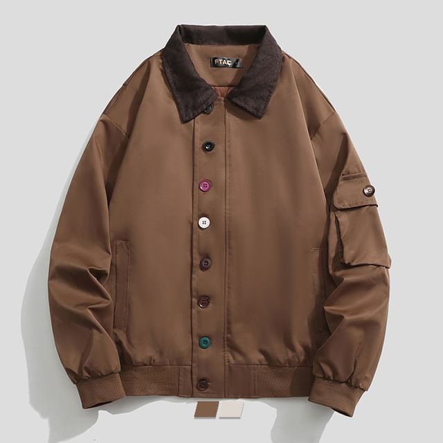 purplelouve-Contrast Collar Button Bomber Jacket
