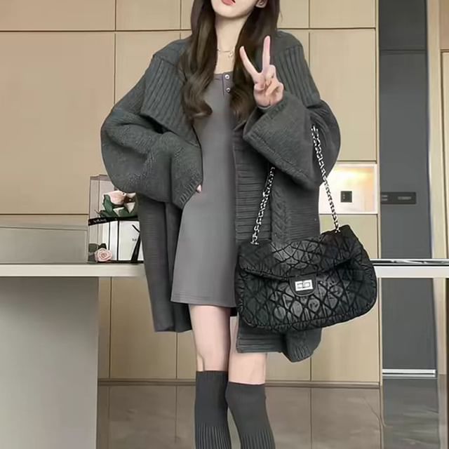Happo-Collared Plain Open Front Cardigan