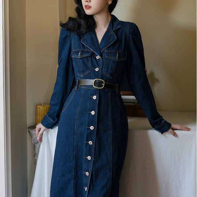 knee length dresses for ladies Women Denim midi Dress – Hstrends main image 1
