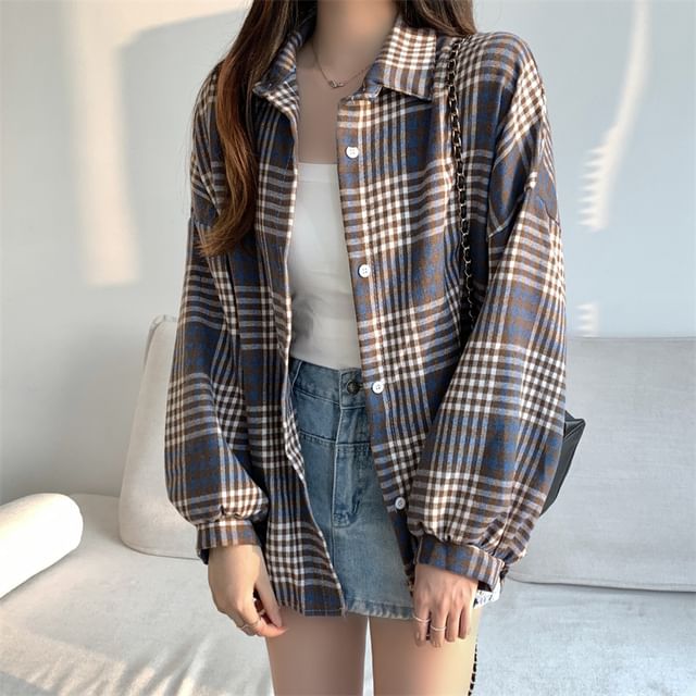 GANGER - Puff-Sleeve Plaid Button-Up Shirt / Plain Camisole Top | YesStyle