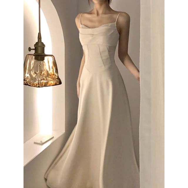 JIYON-Spaghetti Strap Plain Shirred Maxi A-Line Dress