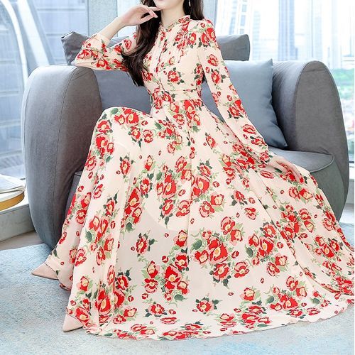 Women's Floral Maxi Long Sleeve Dress Skinny Party Dress GN M at Amazon  Women's Clothing store