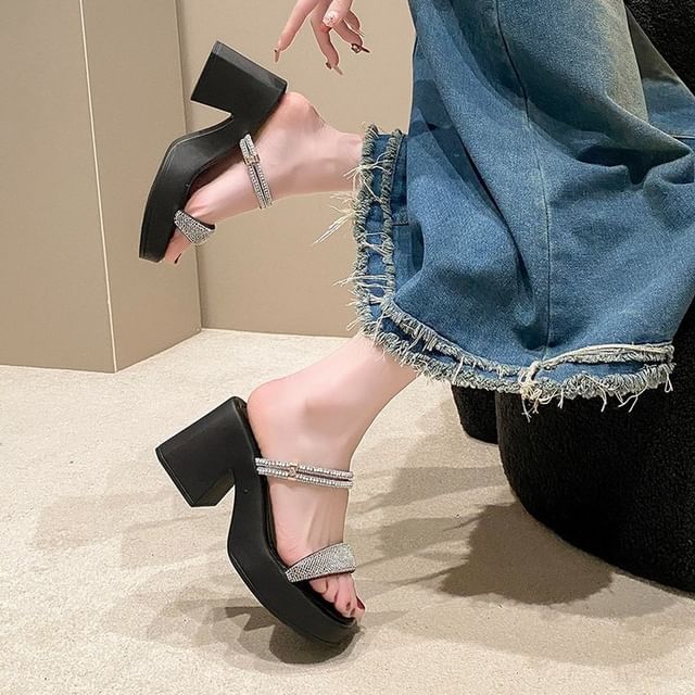 Anran-Chunky Heel Square Toe Rhinestone Strap Sandals