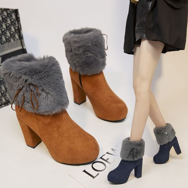 Vindler-Fluffy Trim Platform Chunky Heel Ankle Boots