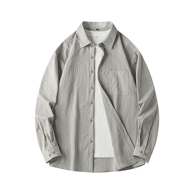 YIKES-Long Sleeve Collared Plain Shirt