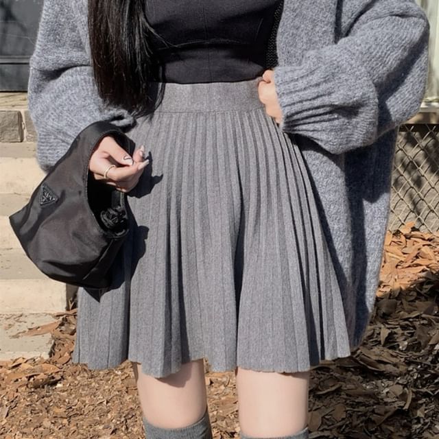 Essere-High Rise Plain Pleated Knit Mini A-Line Skirt