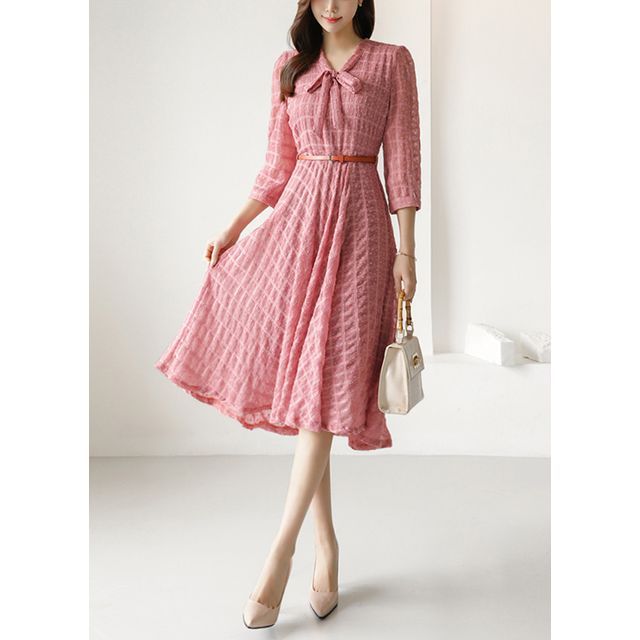 Styleonme TieNeck Lattice Dress with Belt YesStyle