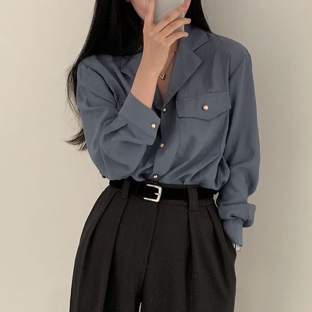 Tulstrix-Long-Sleeve Lapel Collar Plain Button-Up Blouse