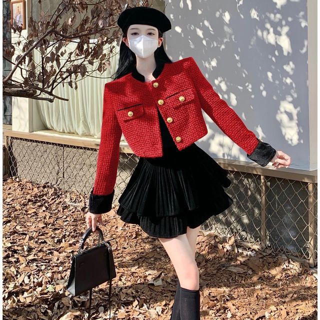 ever after - Cropped Tweed Jacket / Layered Pleated Mini