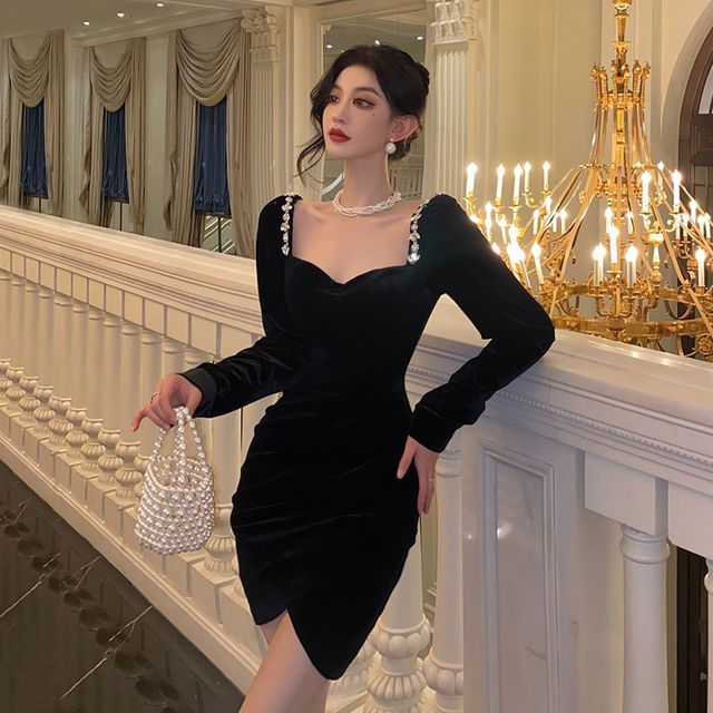 Sodoo Long-Sleeve Rhinestone Mini Bodycon Dress YesStyle