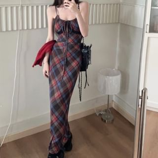 Beem - Spaghetti Strap Scoop Neck Plaid Lace Trim Mesh Maxi Bodycon Dress | YesStyle Beem - Spaghetti Strap Scoop Neck Plaid Lace Trim Mesh Maxi Bodycon Dress | YesStyle