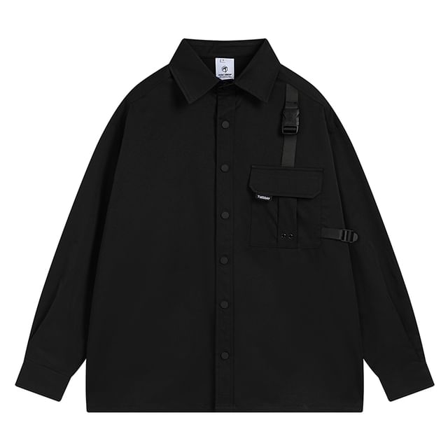 CHIC ERRO-Long Sleeve Collared Plain Cargo Shirt