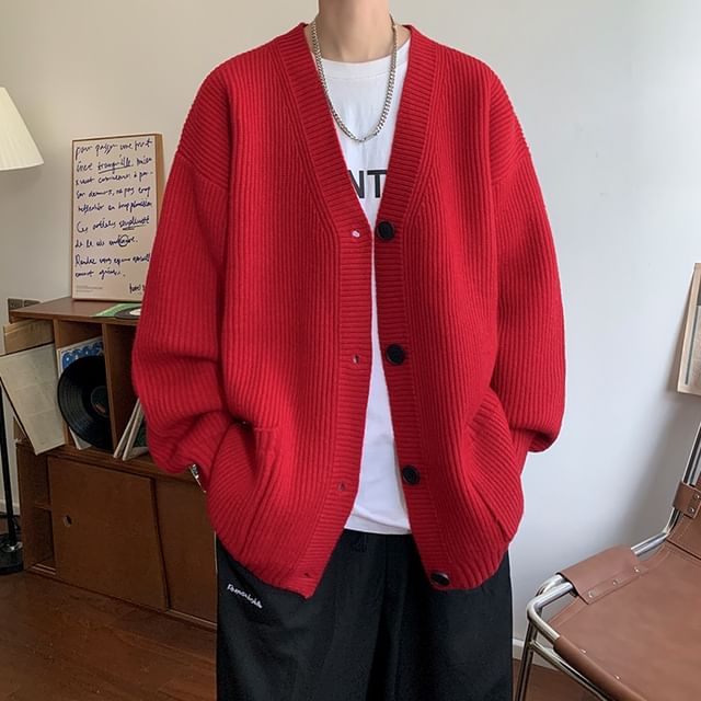 Bay Go Mall-V-Neck Plain Ribbed Button-Up Cardigan