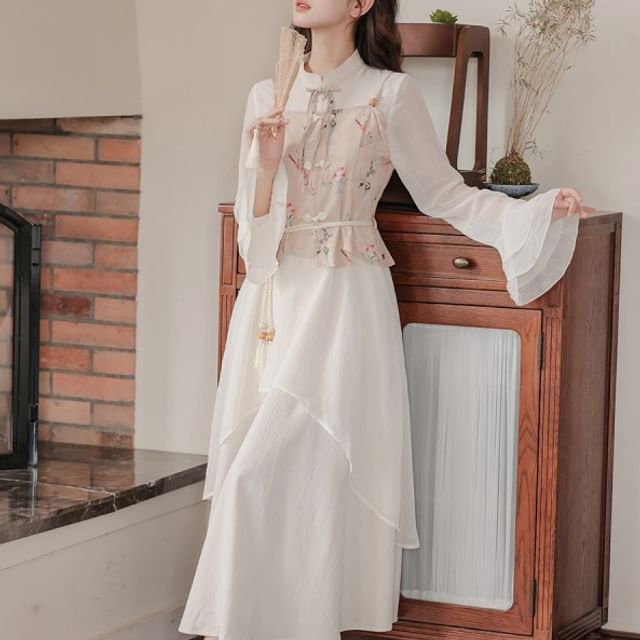 Tangier - Flared-Sleeve Mock Neck Floral Asymmetrical Mock Two-Piece Maxi  A-Line Dress | YesStyle